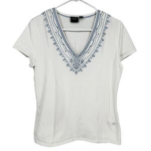 Sonoma White V-Neck T-Shirt with Blue Embroidered Neckline Women's Top SZ M‎